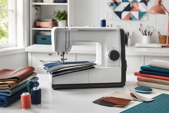 Heavy-duty home sewing machine stitching layers of denim and canvas