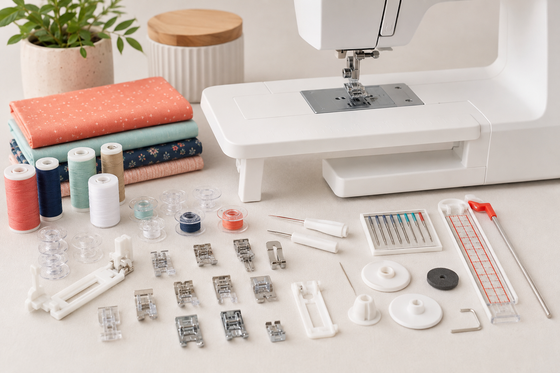 Sewing machine accessories including presser feet, bobbins and needles