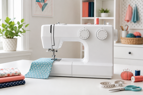 Mechanical home sewing machine with manual controls in a bright sewing studio