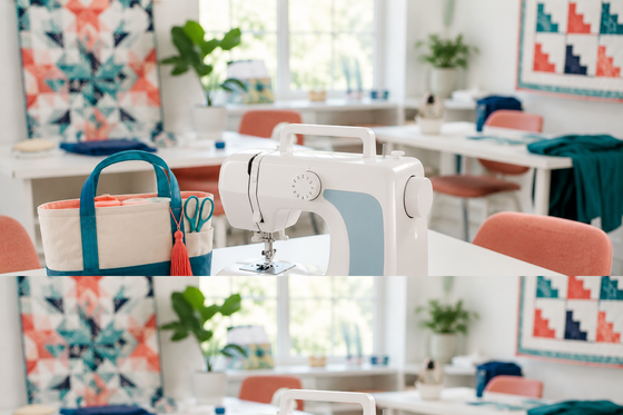 Compact portable home sewing machine with carrying handle in a sewing classroom