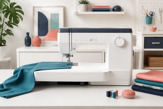 Professional home sewing machine with extension table in an organized studio
