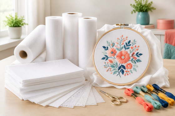 Assorted embroidery stabilizers with embroidered fabric