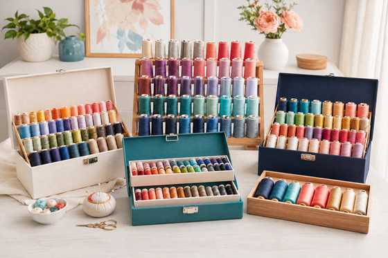 Thread kits and color assortments in organized cases and racks