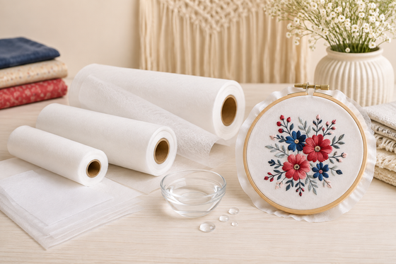 Wash-away embroidery stabilizer rolls, sheets, and floral embroidery hoop