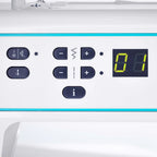 Control panel of a sewing machine with buttons and digital display.