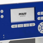 Control panel of a PFAFF sewing machine with digital display and buttons.