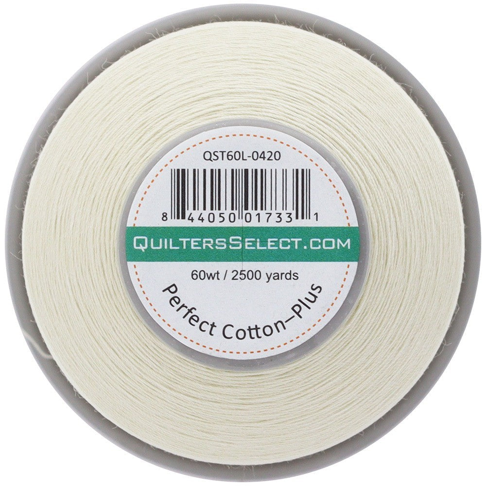 Quilters Select Perfect Cotton Plus 60wt Thread — Antique, 2,500 Yards — spool label view