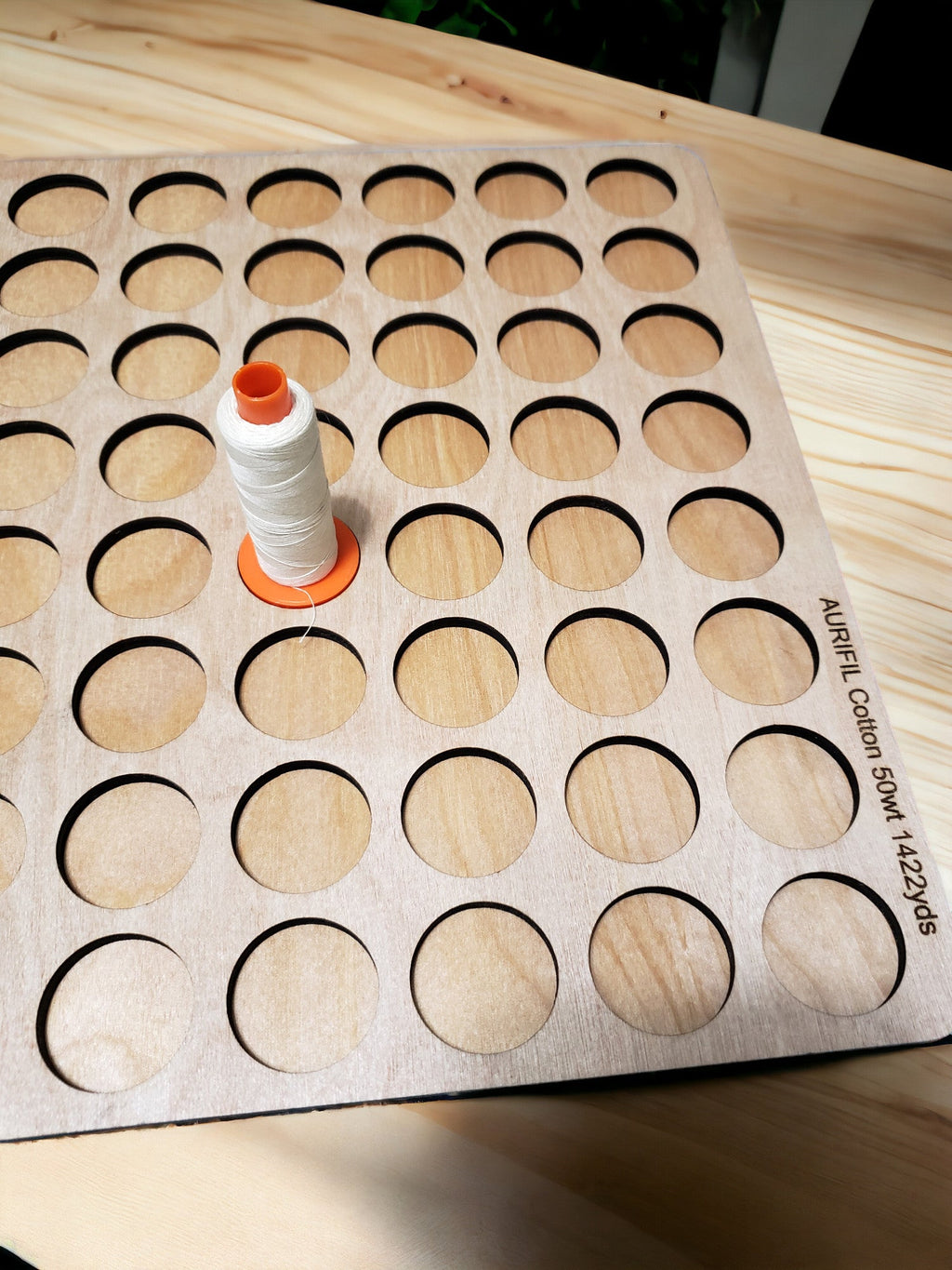 Aurifil Unnumbered Thread Storage Tray, 64 Spools — wooden tray with one sample spool