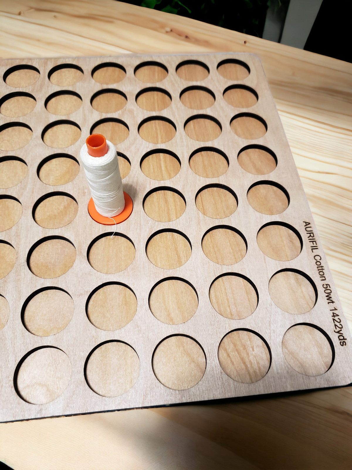 Aurifil Unnumbered Thread Storage Tray, 64 Spools — wooden tray with one sample spool