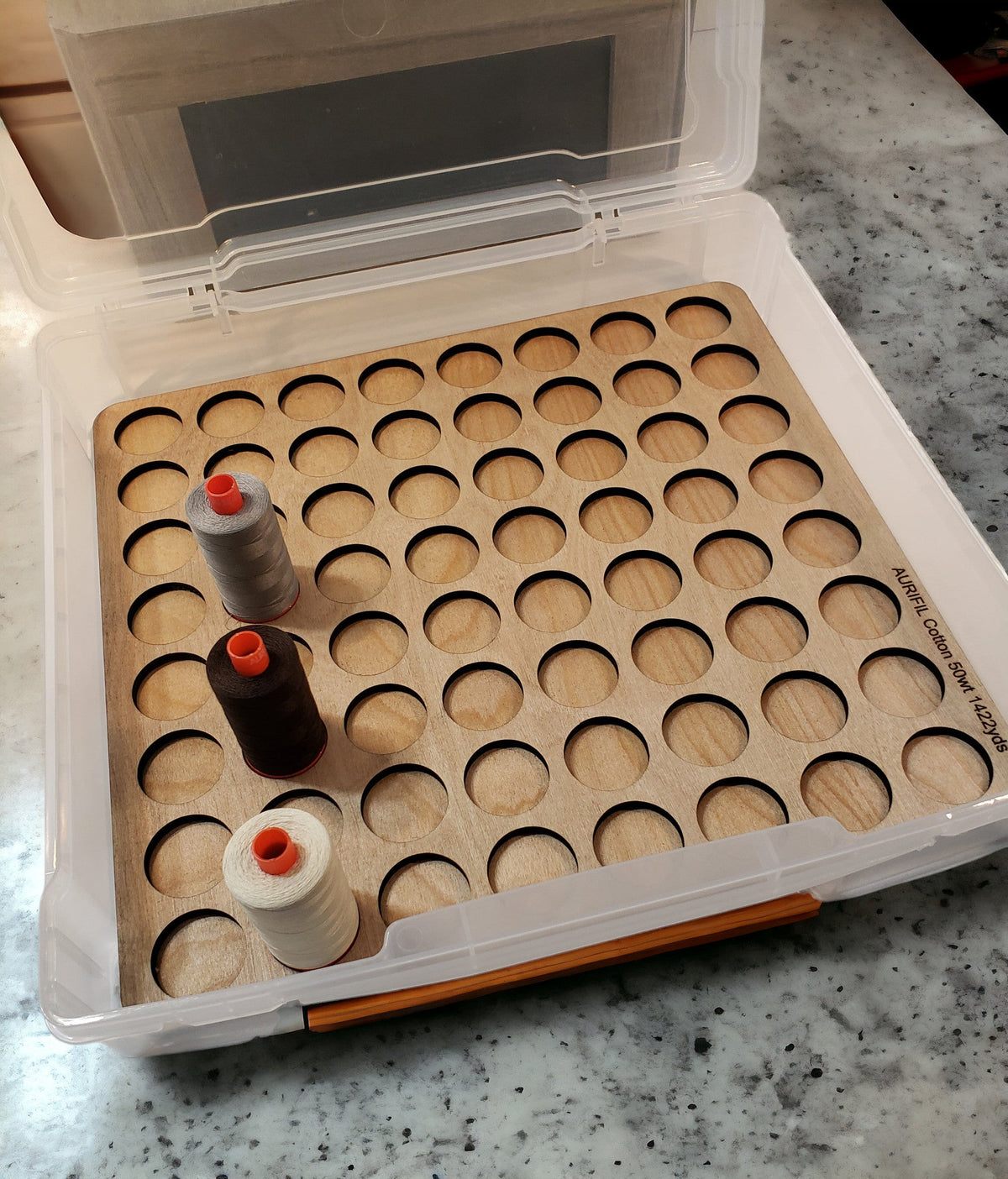 Aurifil Unnumbered Thread Storage Tray, 64 Spools — tray inside an open clear storage case
