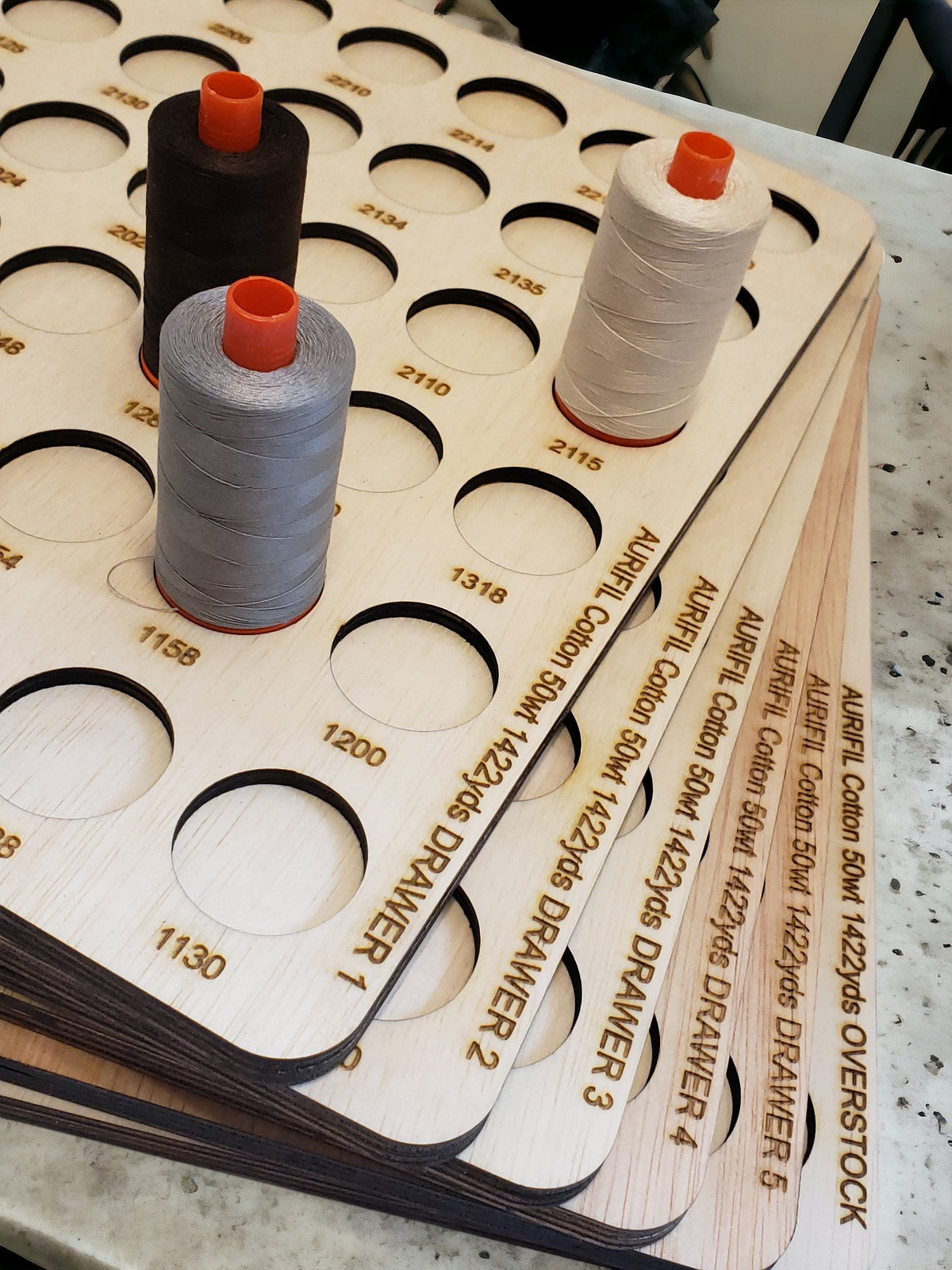 Aurifil Numbered Thread Storage Trays, Set of 6 — stacked numbered trays with sample spools