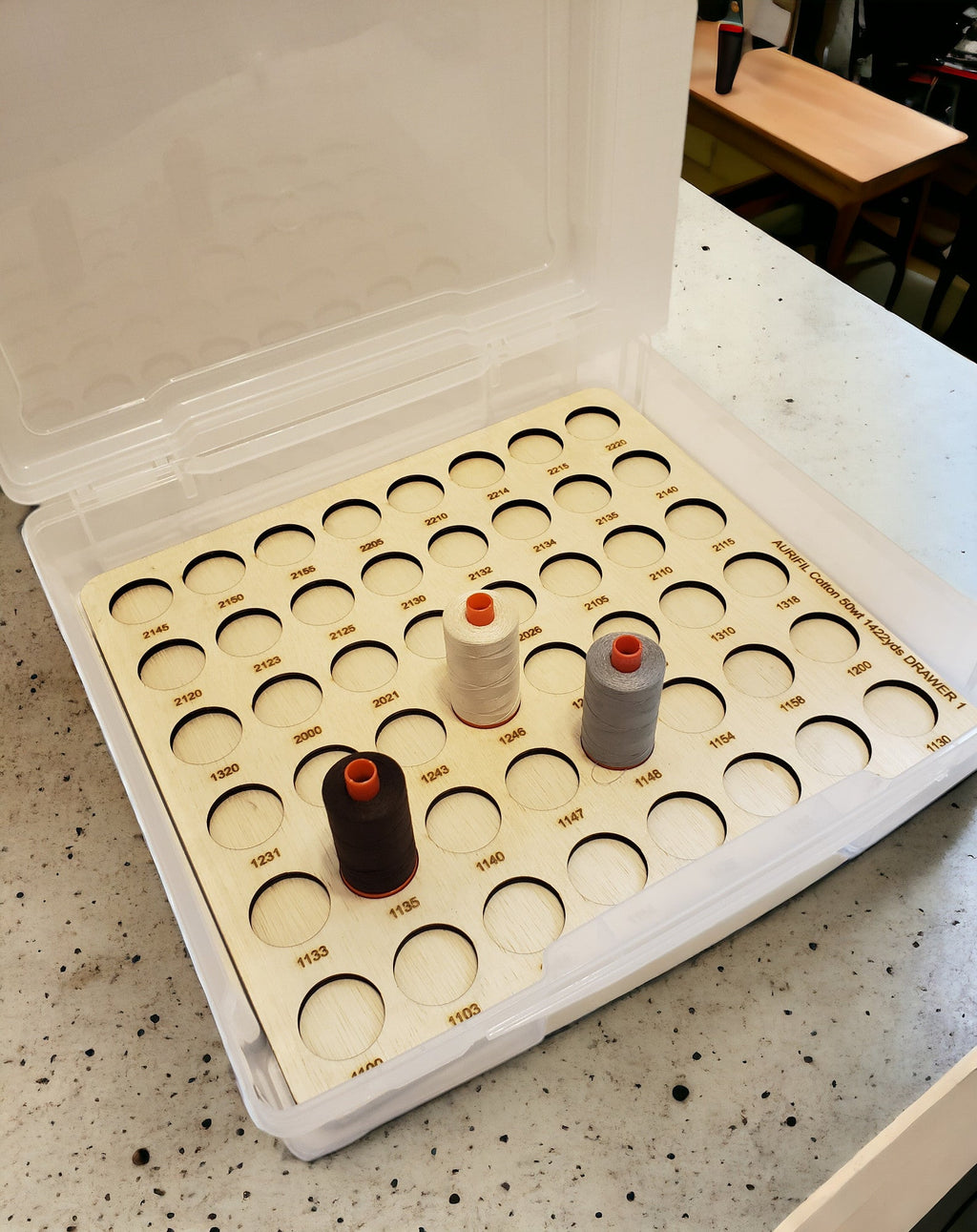 Aurifil Numbered Thread Storage Trays, Set of 6 — numbered tray in an open clear case