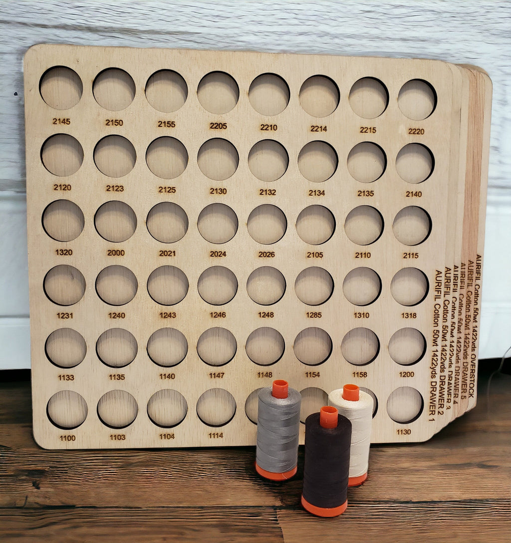 Aurifil Numbered Thread Storage Trays, Set of 6 — front view showing engraved color numbers and sample spools