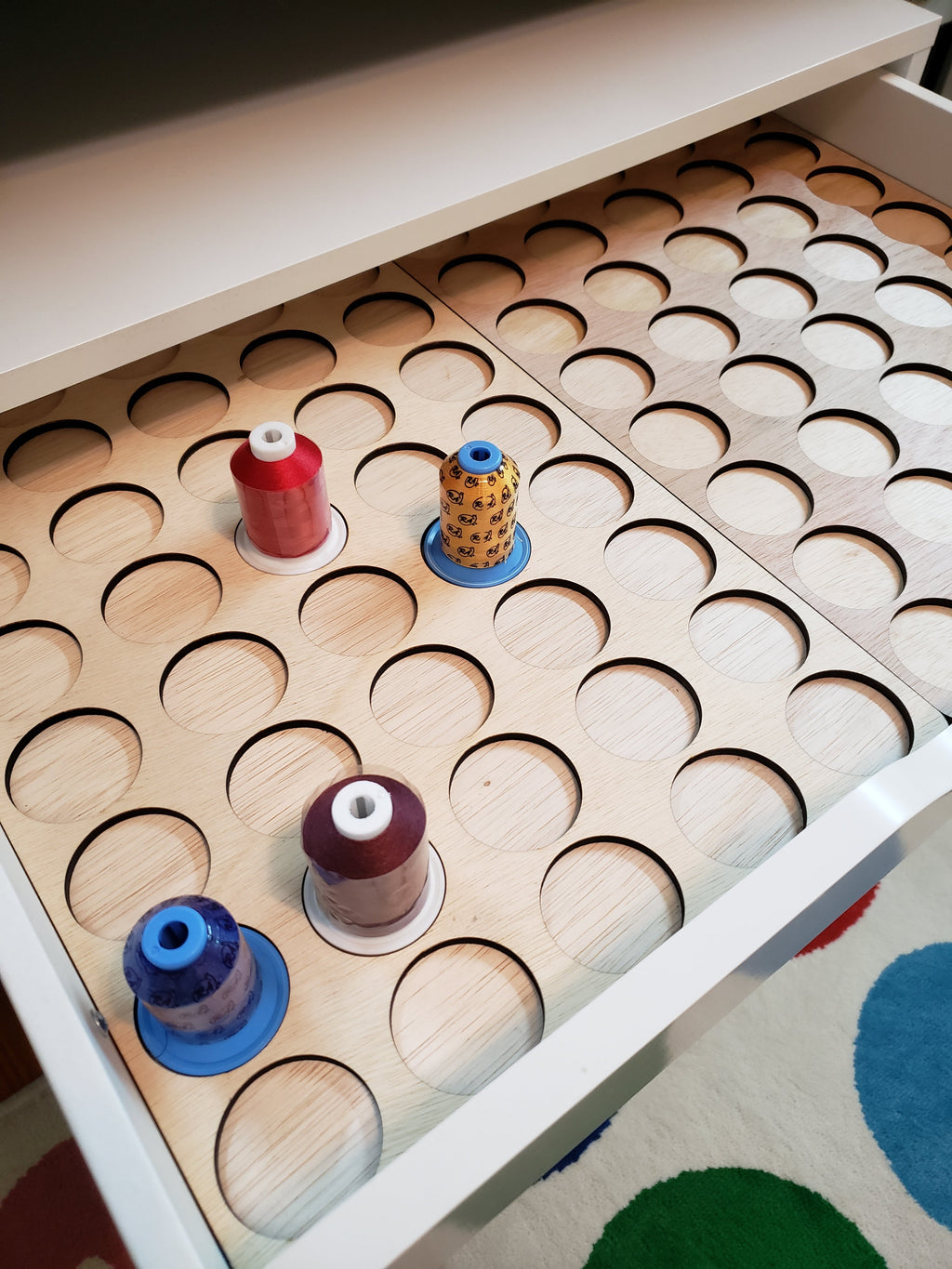 IKEA ALEX 6-Drawer Thread Storage Tray Inserts — close-up of trays and sample spools inside a drawer