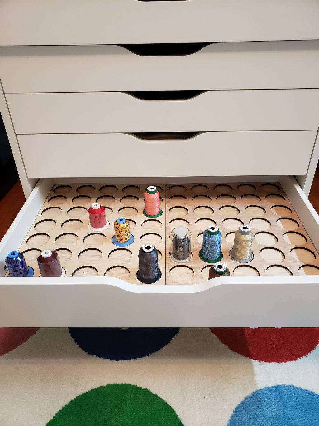IKEA ALEX 6-Drawer Thread Storage Tray Inserts — front view of an open drawer with trays and sample spools