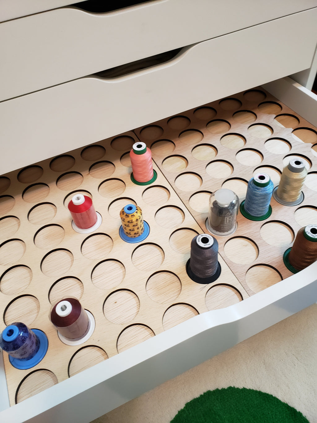 IKEA ALEX 6-Drawer Thread Storage Tray Inserts — trays with sample spools inside an open ALEX drawer
