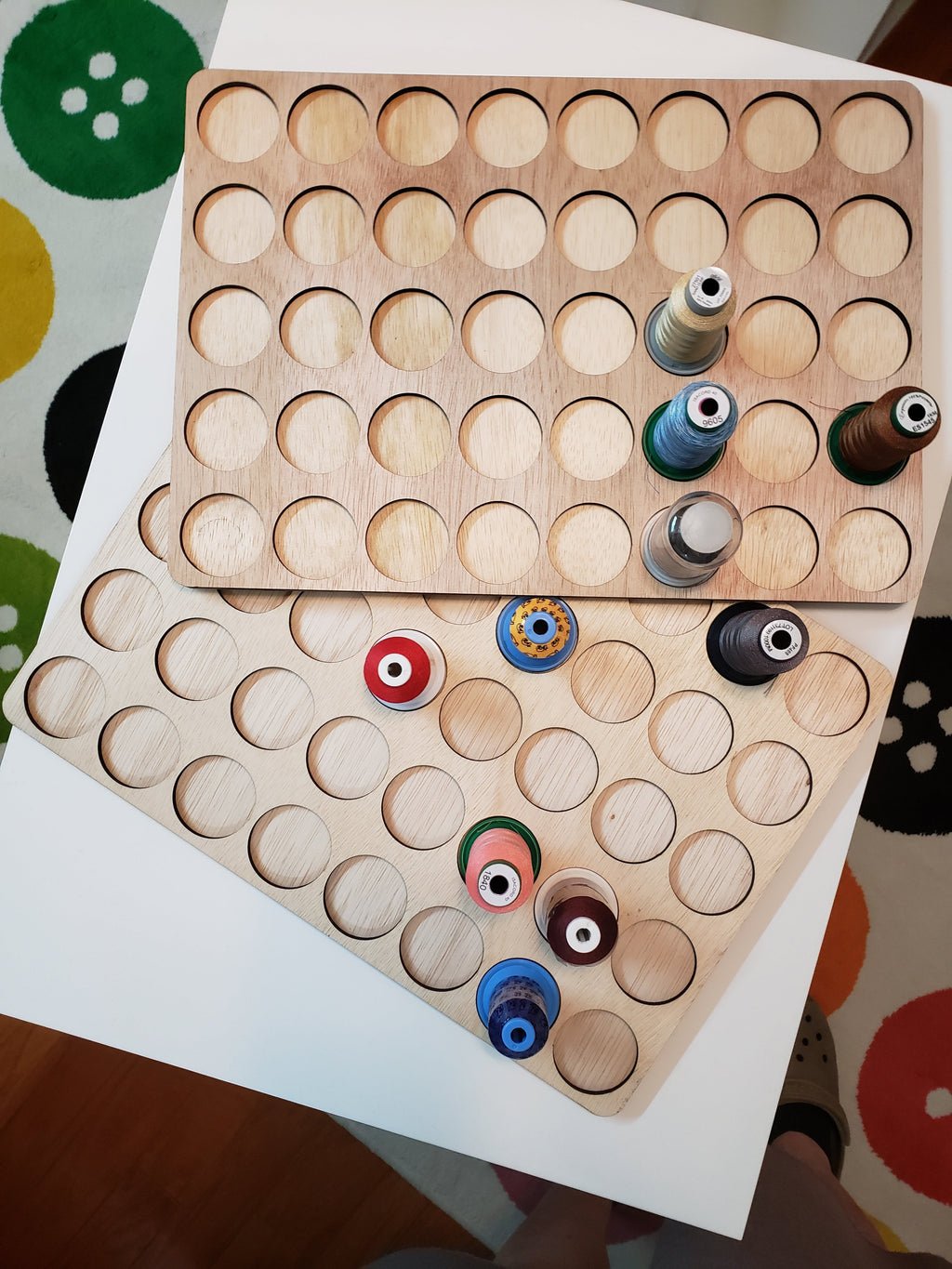 IKEA ALEX 6-Drawer Thread Storage Tray Inserts — two trays with sample spools on a tabletop