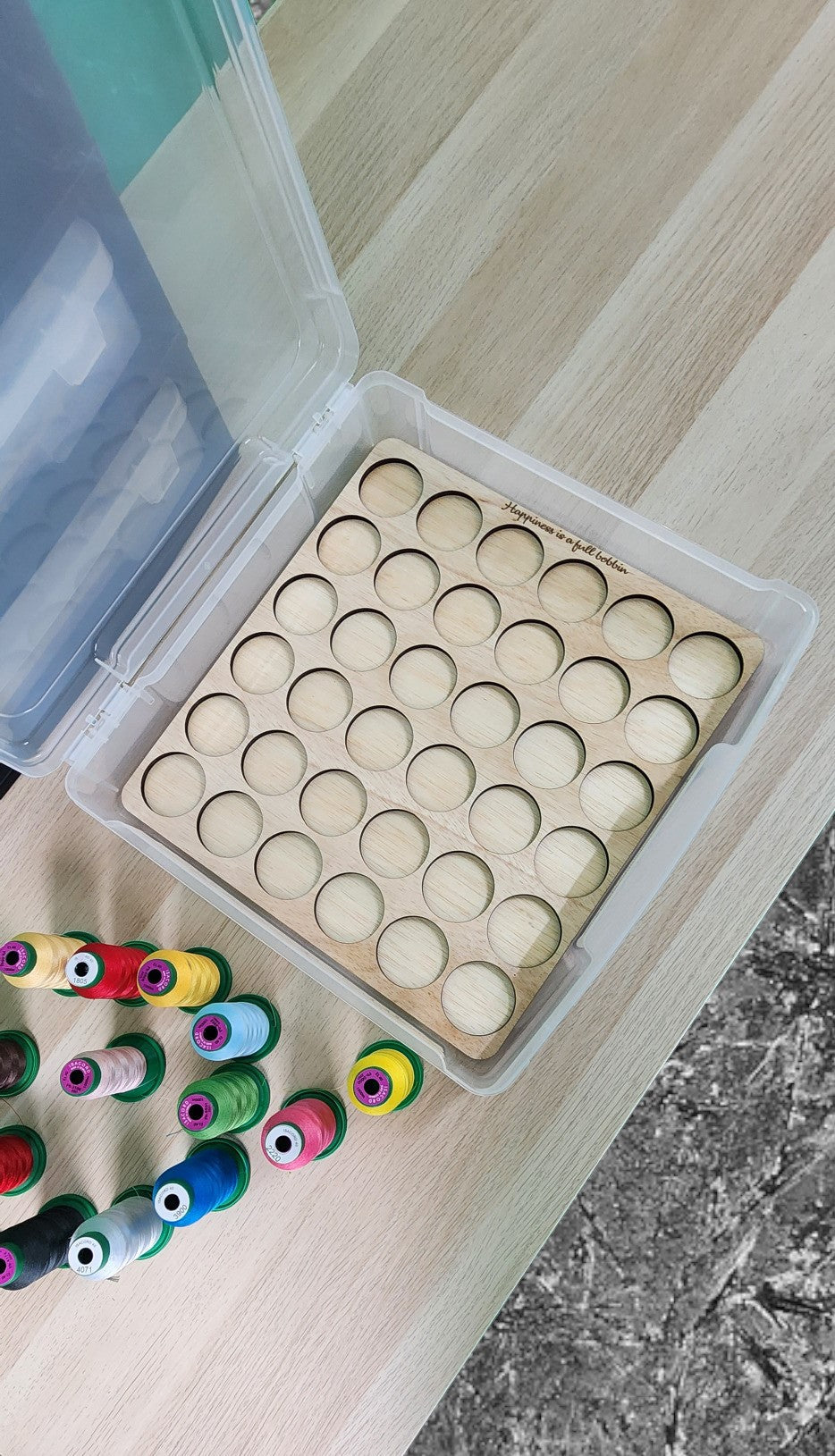 Embroidery Thread Storage Trays, Set of 3 — empty tray beside an open case and sample spools