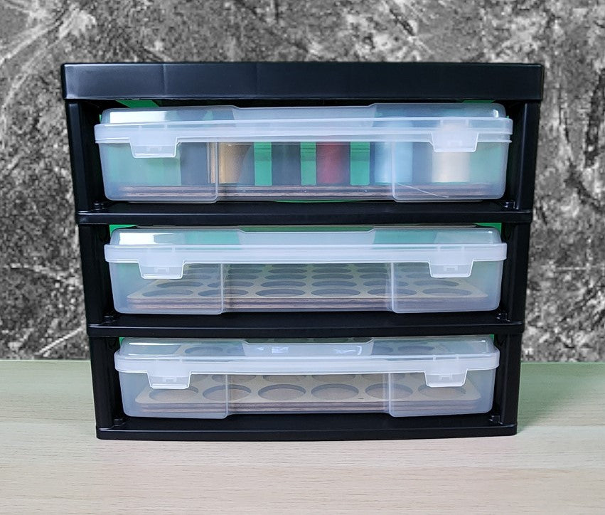 Black three-drawer unit holding thread, furniture shown for context, for Embroidery Thread Storage Trays, Set of 3