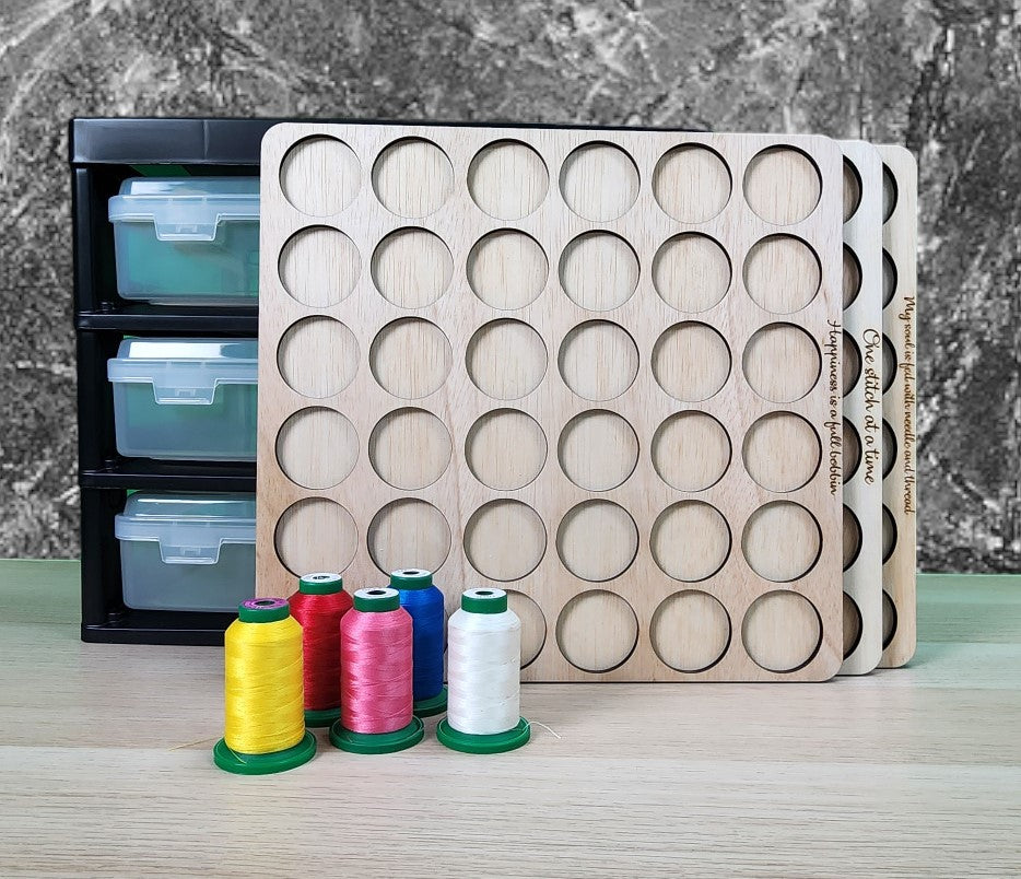 Three wooden trays beside a black three-drawer unit, furniture and thread shown for context, for Embroidery Thread Storage Trays, Set of 3