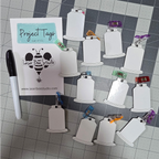 Reusable dry-erase project tags with clips for identifying embroidery project materials