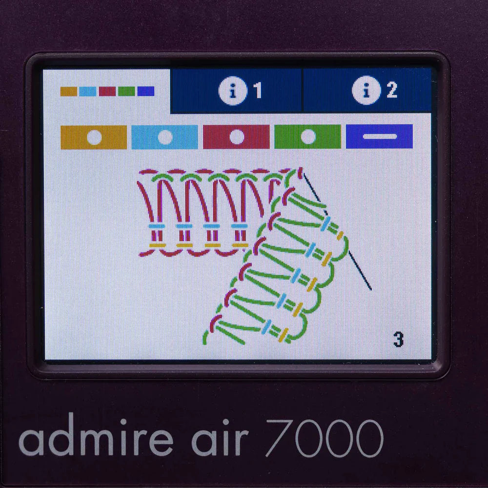 Display of a embroidery design on a machine with 'admire air 7000' branding.