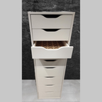 White ALEX nine-drawer unit with one drawer open, furniture shown for context, for IKEA ALEX 9-Drawer Thread Storage Tray Inserts