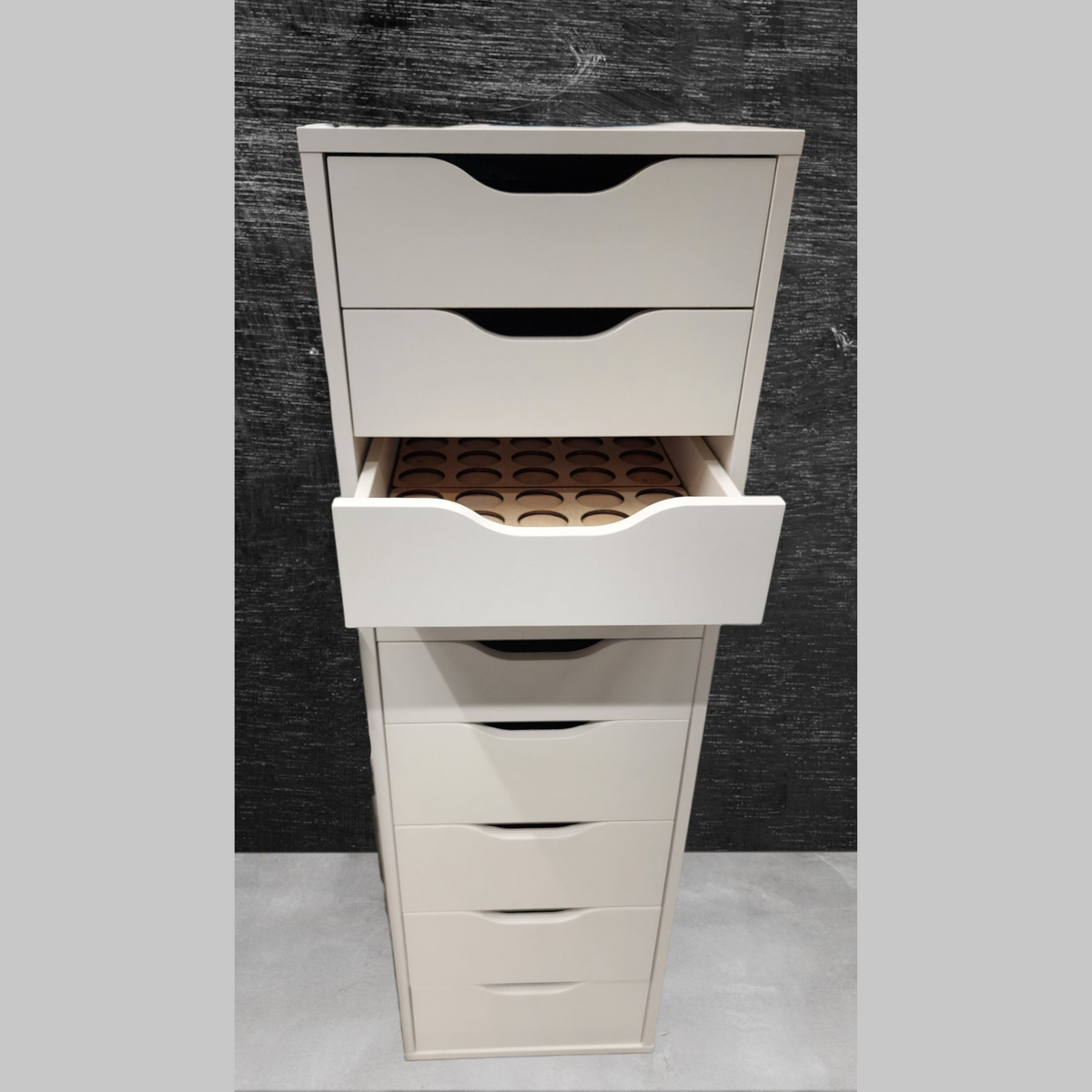White ALEX nine-drawer unit with one drawer open, furniture shown for context, for IKEA ALEX 9-Drawer Thread Storage Tray Inserts