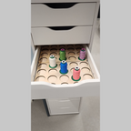 IKEA ALEX 9-Drawer Thread Storage Tray Inserts — trays with sample spools inside an open ALEX drawer