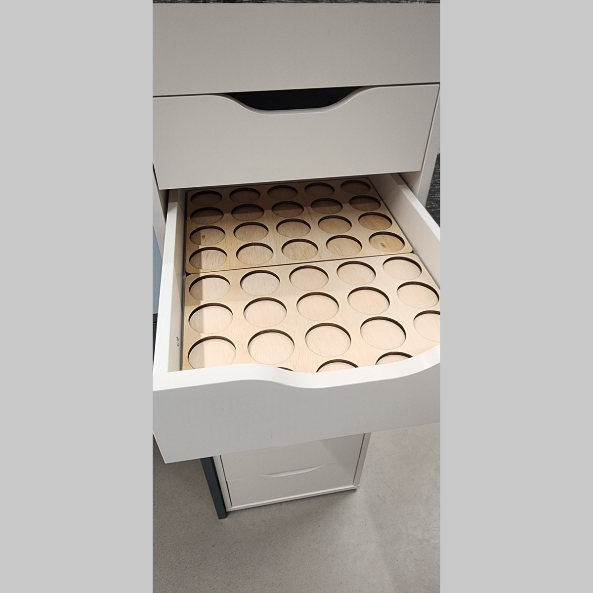 IKEA ALEX 9-Drawer Thread Storage Tray Inserts — empty trays inside an open drawer