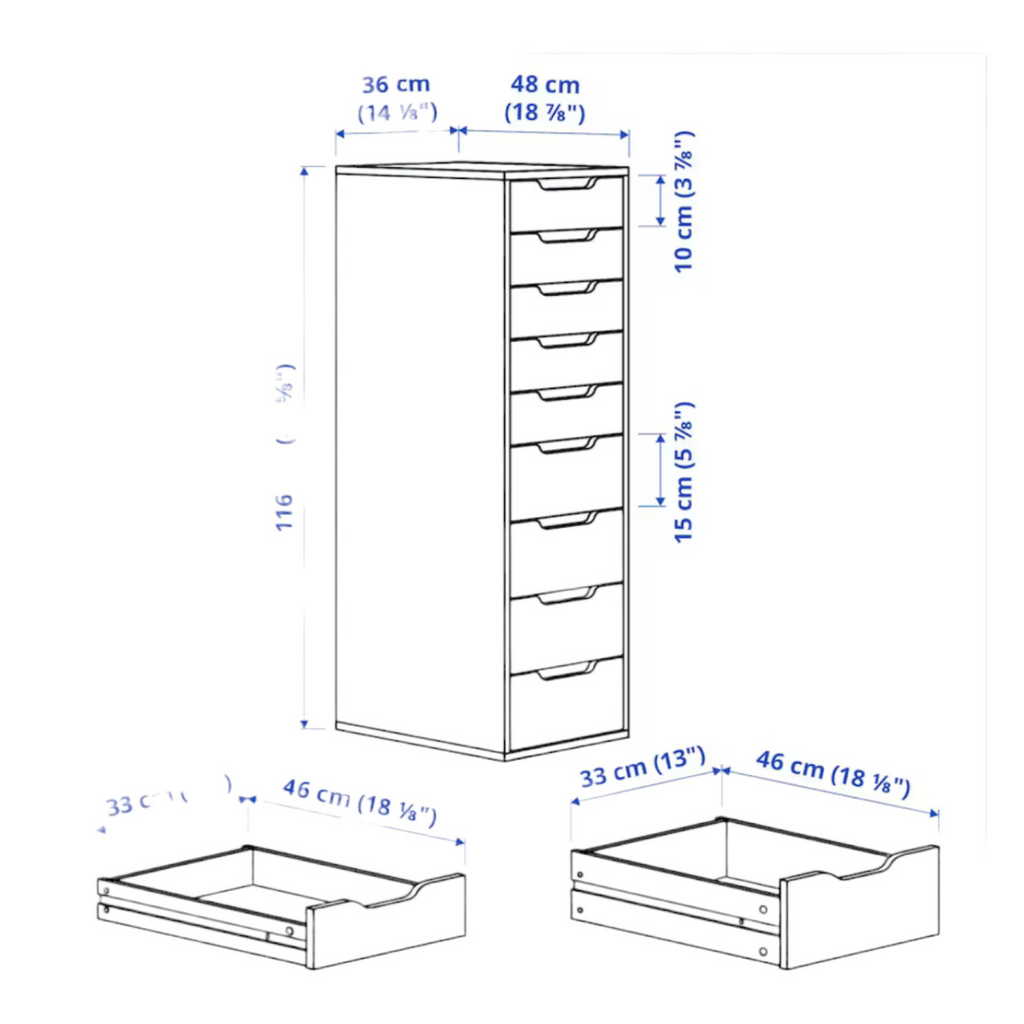 Dimension diagram of ALEX unit and drawer interiors, furniture sold separately, for IKEA ALEX 9-Drawer Thread Storage Tray Inserts