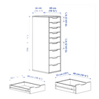 Dimension diagram of ALEX unit and drawer interiors, furniture sold separately, for IKEA ALEX 9-Drawer Thread Storage Tray Inserts