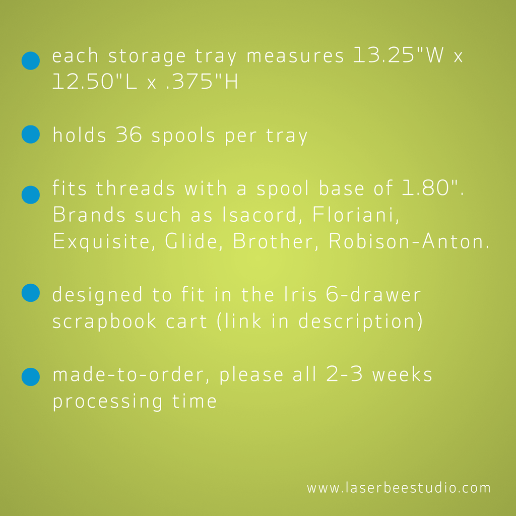 Supplier information card showing tray dimensions, capacity and processing time, for Blank Embroidery Thread Storage Tray, 36 Spools