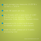 Supplier information card showing tray dimensions, capacity and processing time, for Blank Embroidery Thread Storage Tray, 36 Spools