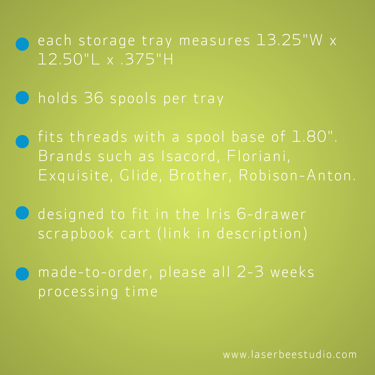 Supplier information card showing tray dimensions, capacity and processing time, for Blank Embroidery Thread Storage Tray, 36 Spools
