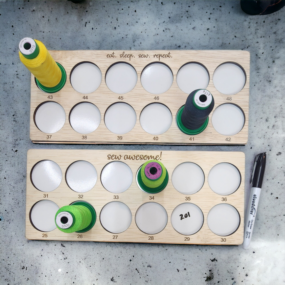 Embroidery Project Thread Trays, Set 2, Numbers 25–48 — sewing-quote trays with sample spools and handwritten color notes