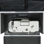 Top-down view of sewing machine and accessories organized inside the CudaCase
