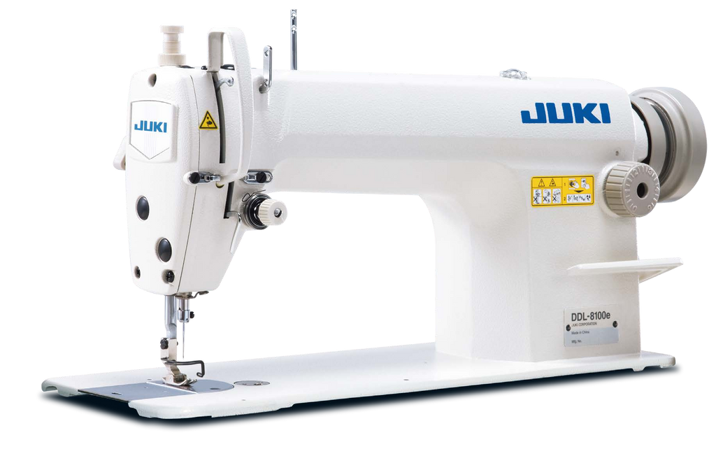 JUKI DDL-8100e industrial single-needle lockstitch machine head, official JUKI product photo; complete package includes table, stand and motor