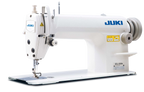 JUKI DDL-8100e industrial single-needle lockstitch machine head, official JUKI product photo; complete package includes table, stand and motor