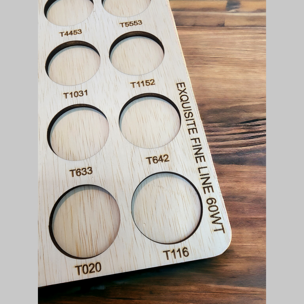 Exquisite Fine Line 60wt Thread Storage Tray, 30 Spools — close-up of engraved thread color numbers