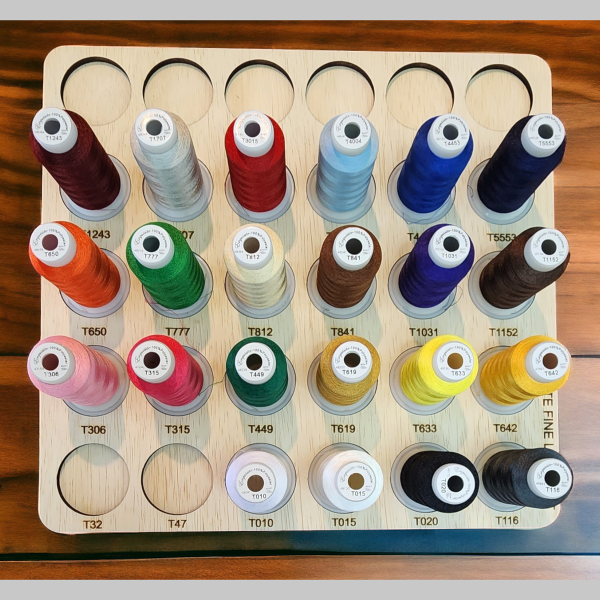 Exquisite Fine Line 60wt Thread Storage Tray, 30 Spools — overhead view of colored spools in numbered openings