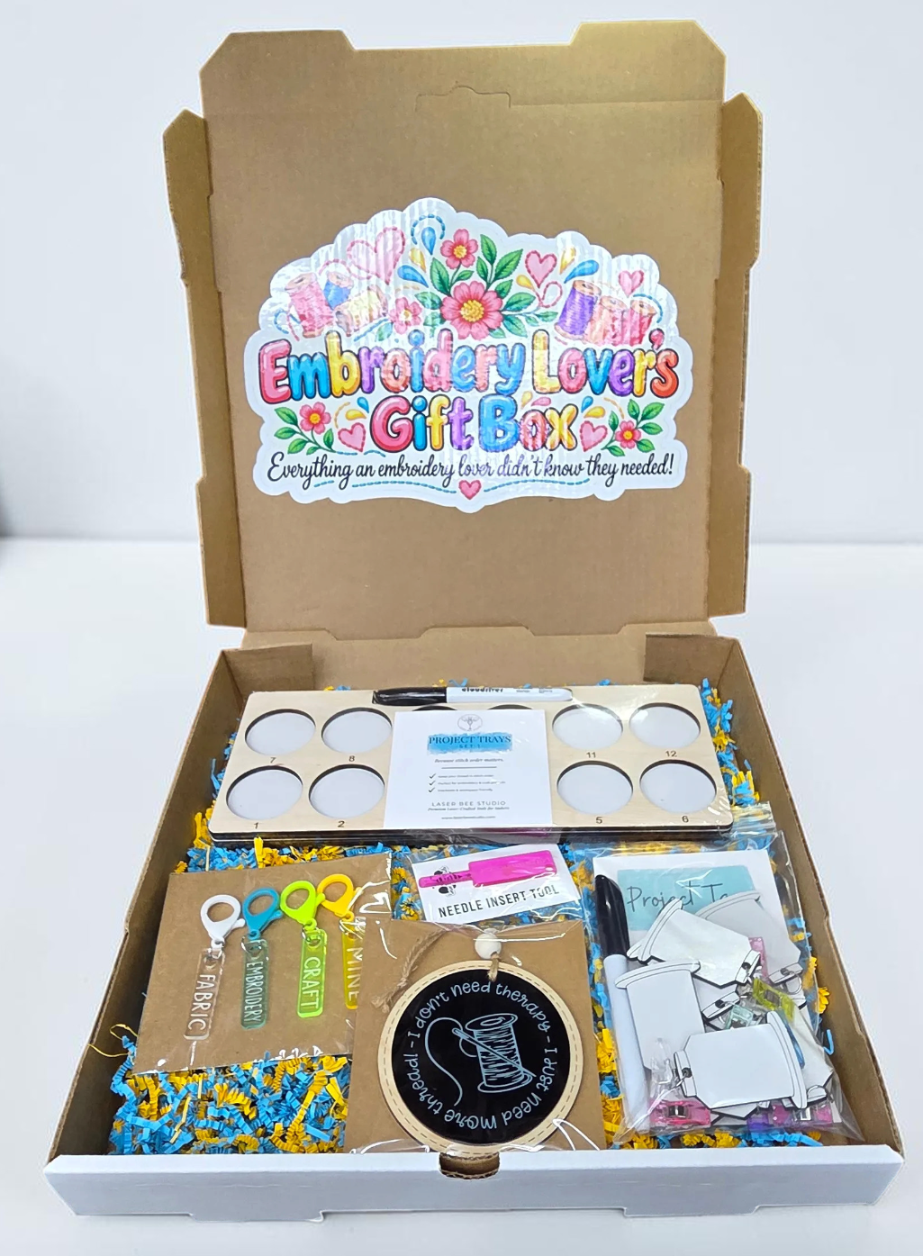Laser Bee Studio Embroidery Lover's Gift Box open with project trays and sewing accessories
