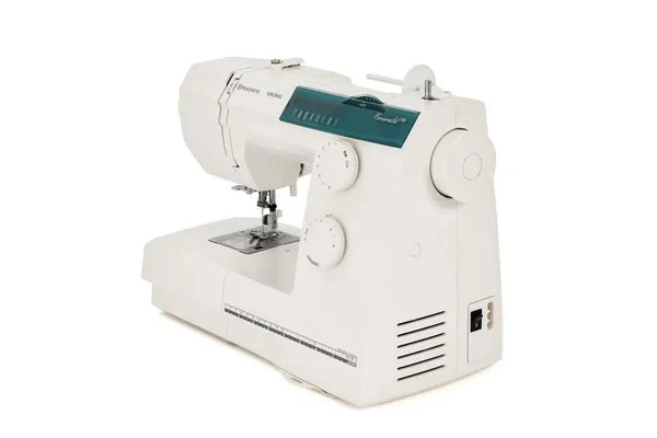 A white Husqvarna Viking 116 sewing machine with a teal control panel, shown from a three-quarters angle on a white background.