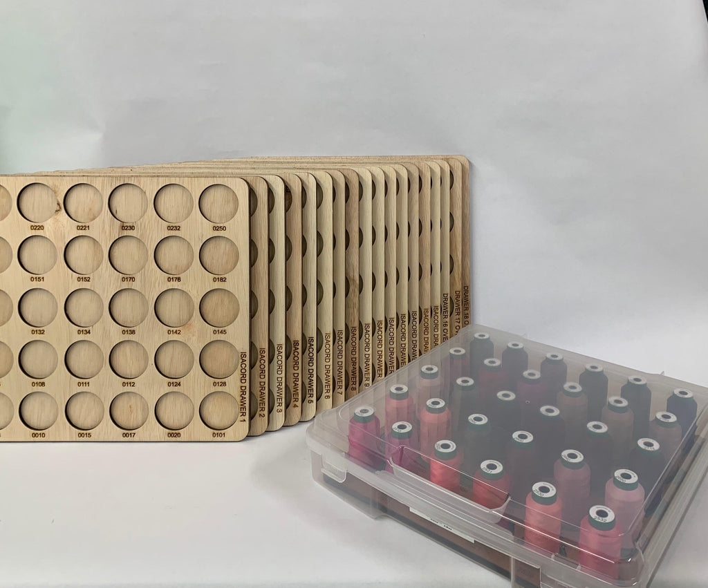 Isacord Numbered Thread Storage Trays, Set of 18 — tray and thread beneath a closed lid beside stacked trays