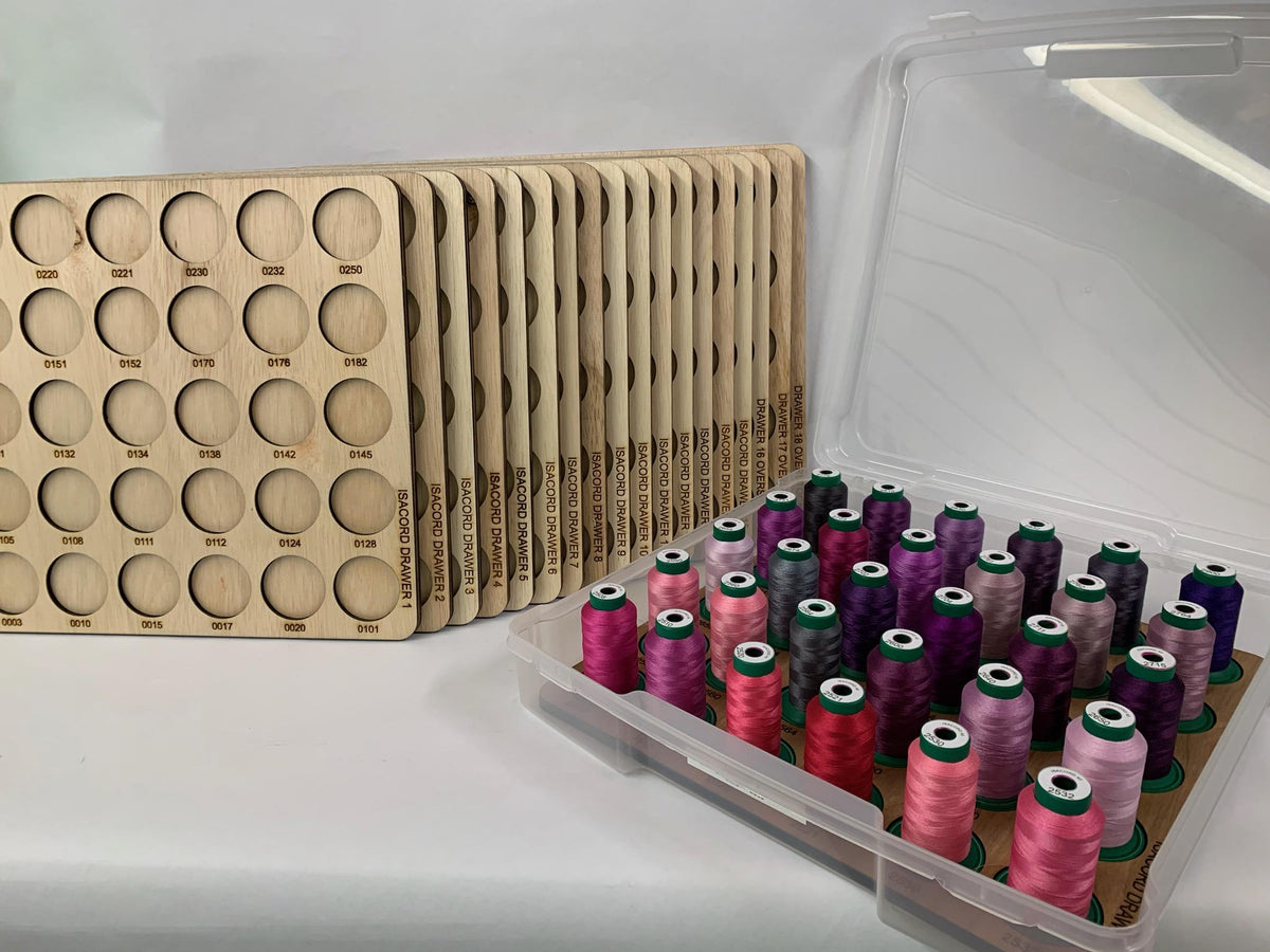 Isacord Numbered Thread Storage Trays, Set of 18 — stacked trays beside a filled tray in an open case
