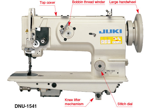 JUKI DNU-1541 industrial walking-foot machine head with labeled controls
