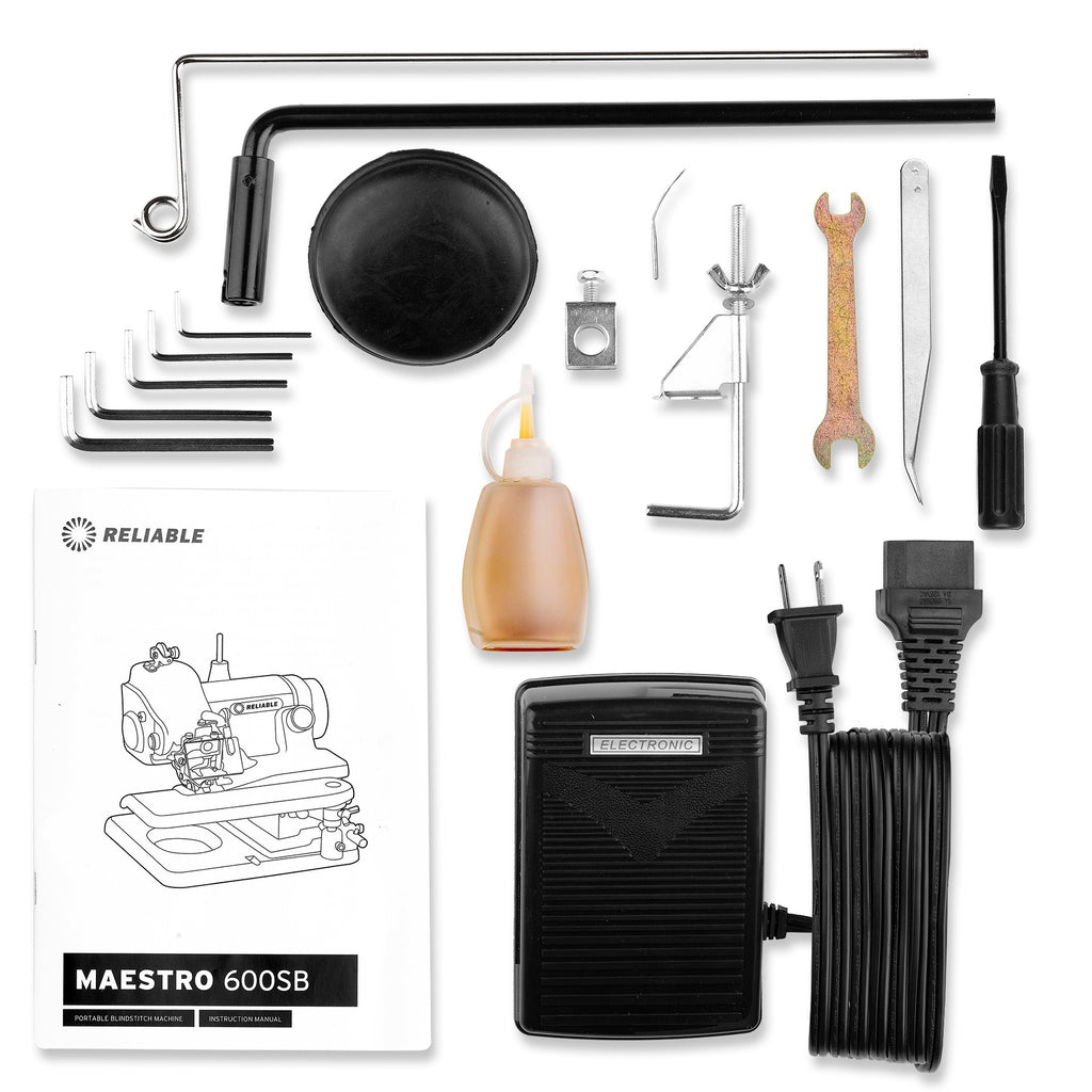 Reliable Maestro 600SB blindstitch sewing machine and included accessories