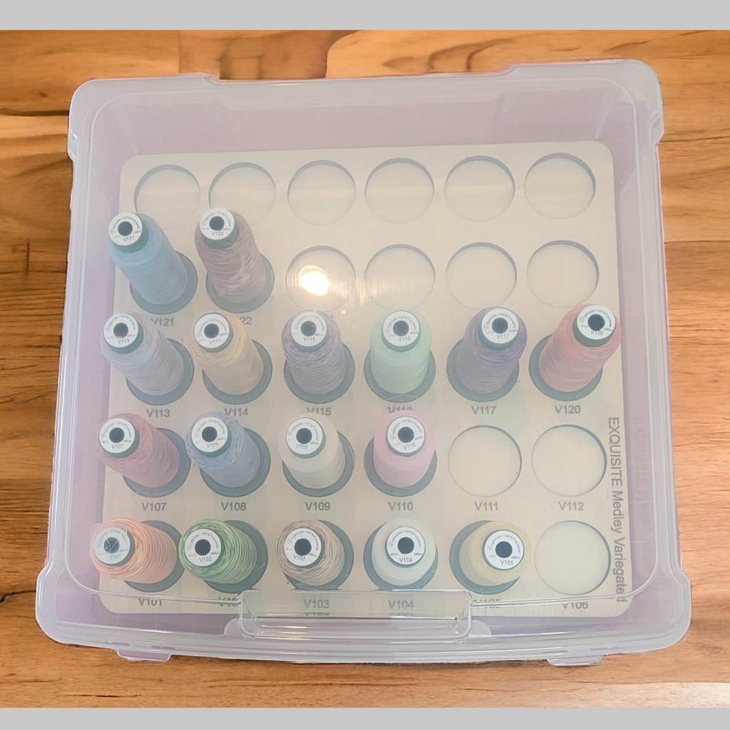 DIME Medley Variegated Thread Storage Tray, 30 Spools — tray and thread beneath a closed clear lid