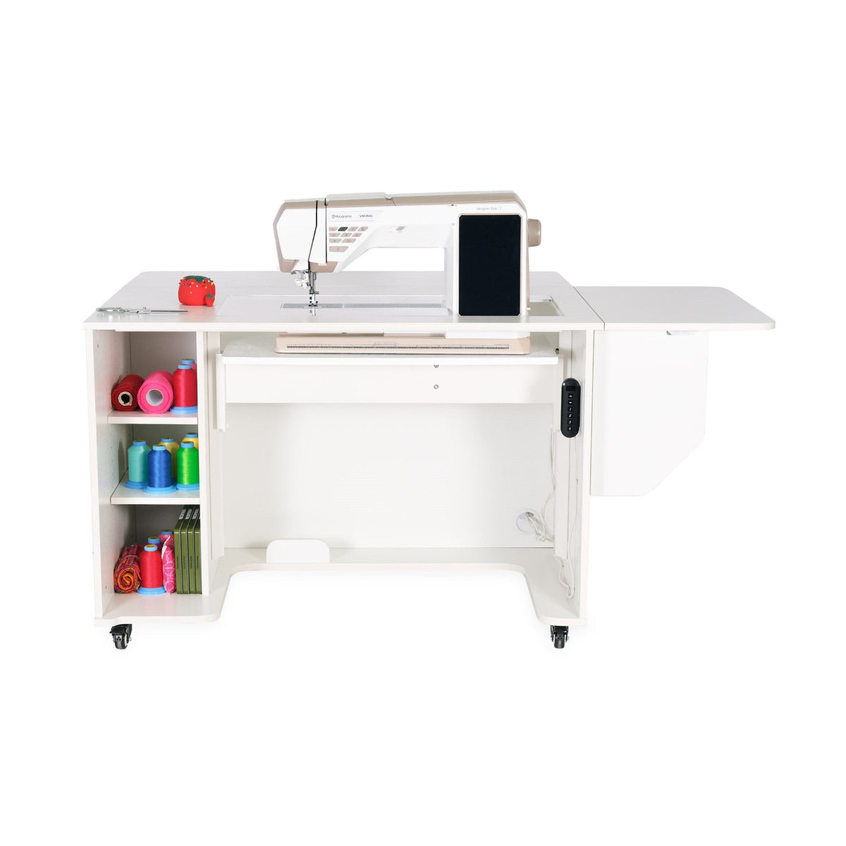Kangaroo Melbourne Sewing Cabinet in Ash White with electric lift and right-side extension leaf