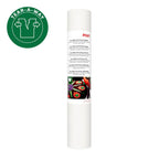 Roll of paper towels with a tear-a-way label on a white background
